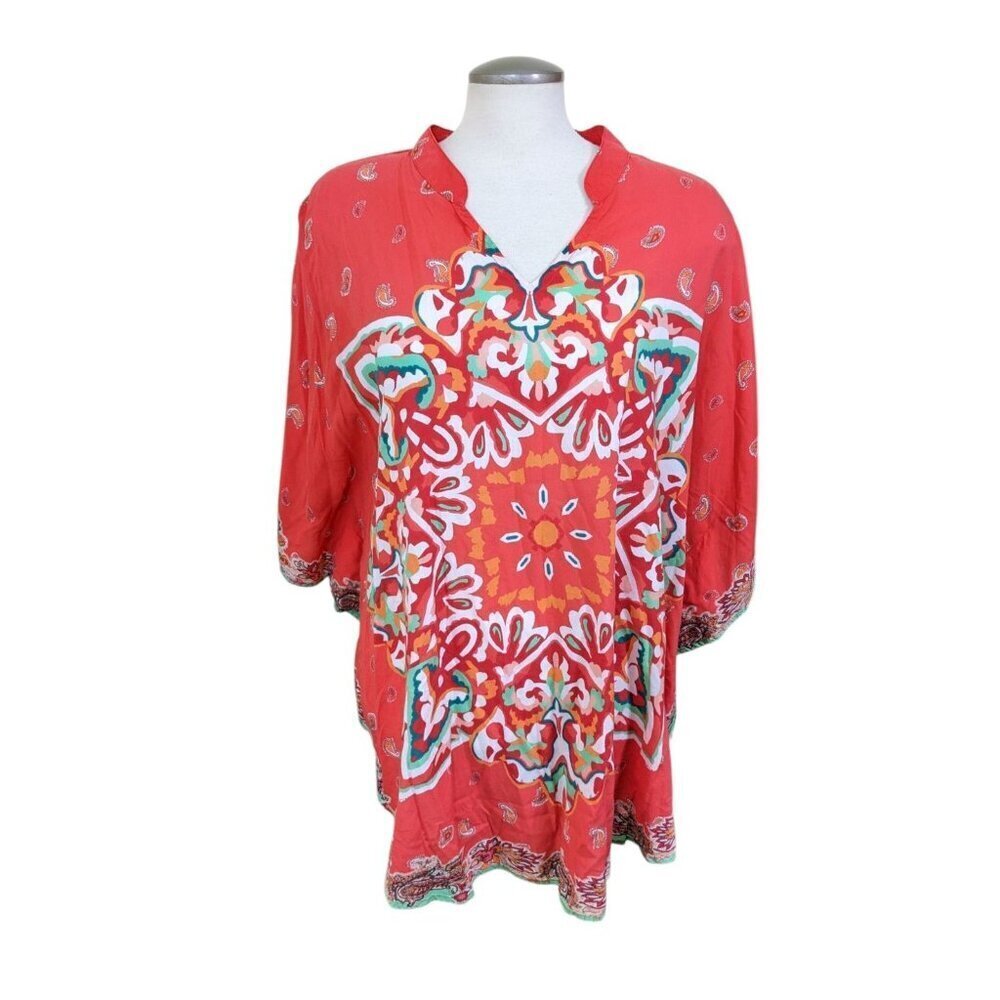 Tolani Collection Womens XL Orange Paisley Caftan Blouse Top Boho Artsy Festival
